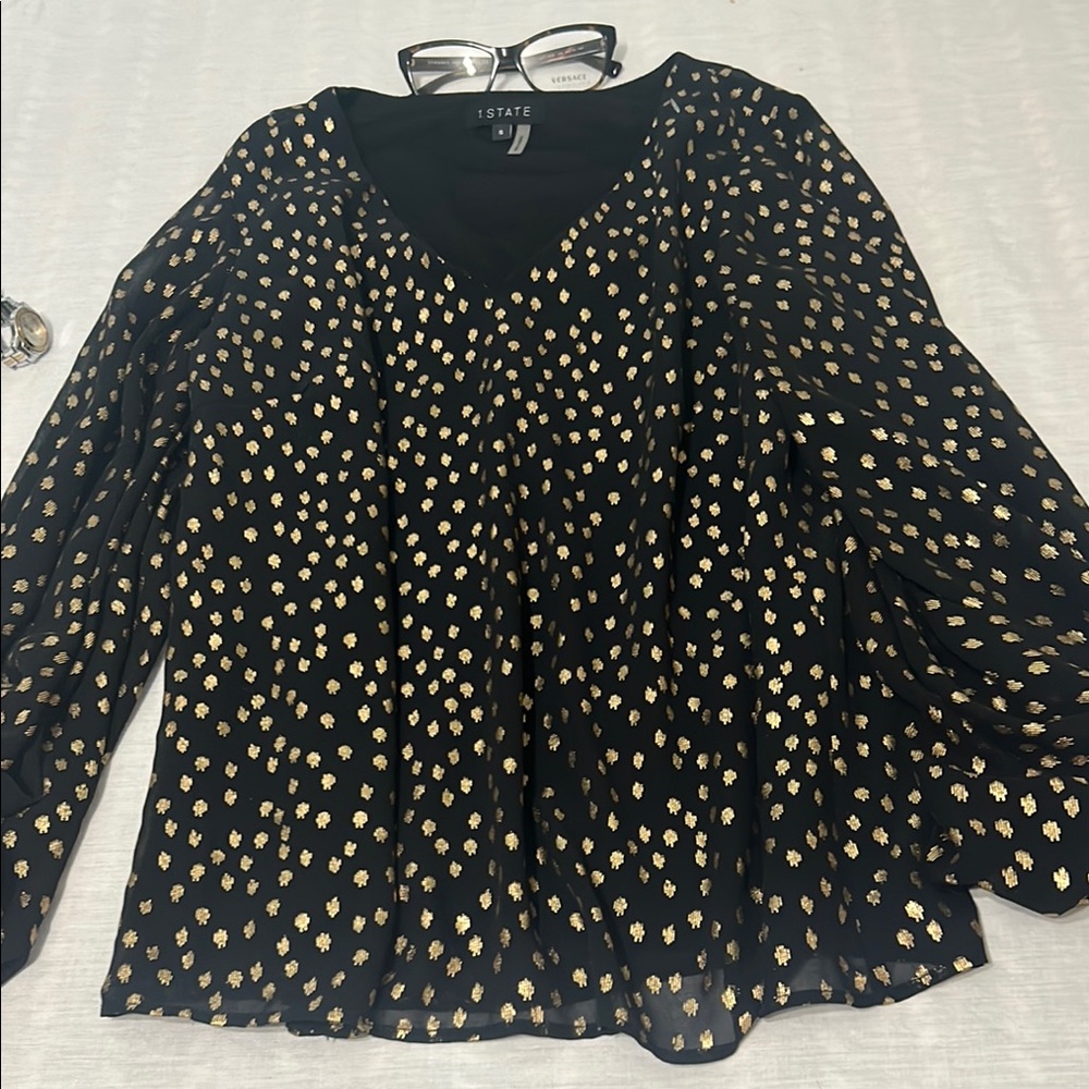 1. State Black and Gold Ruffled Blouse